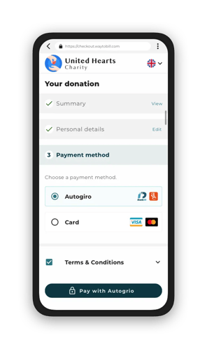 Different payment methods available for a charity donation