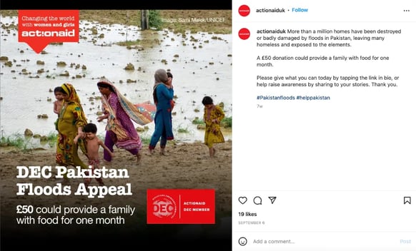 actionaiduk social media post explaining how a simple donations can change lives of the charity's beneficiaries
