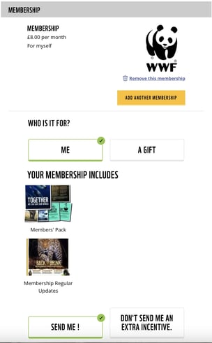 screenshot of payment options with wwf donations